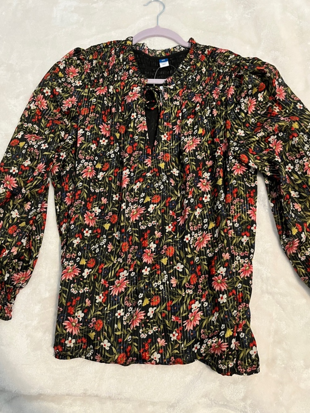 Old Navy Black Floral Long-Sleeve Blouse with Pink and Green Accents